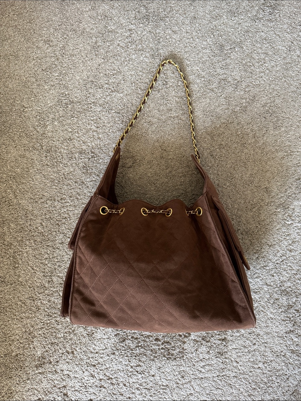 Brown Suede Quilted Bag Brown and Gold